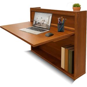 Wall Mounted Desk 31 Inches, Folding Table with Shelves, Space Saving Computer Desk, Floating Table, Multi-Purpose Folding Desk Perfect for Workstations, Dining, or Laundry Area. (Walnut)