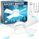 Bell+Howell Socket Breeze Modern Ceiling Fans with LED Lights, 10" LED E26/E27 Screw Base Mini Light Socket Fan with Cord for Bedroom, Living Room, Kitchen, Balcony (White)