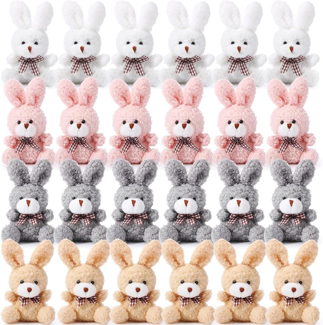Sotiff 24 Pcs Plush Bunny Stuffed Animal Gift Bulk 4.7 Inch Mini Bunnies Keychain Doll Furry Rabbit with Bow Tie for Birthday Baby Shower Party Favor Gifts Classroom Rewards (Classic Color)
