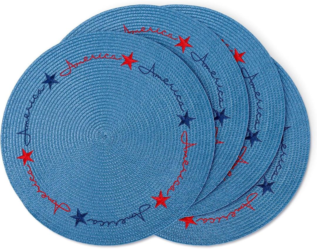 Whaline 4Pcs Round Patriotic Placemats Stars Embroidered Place Mats 4th of July Dinner Table Mats for Independence Day 250th Anniversary Home Birthday Party Decor