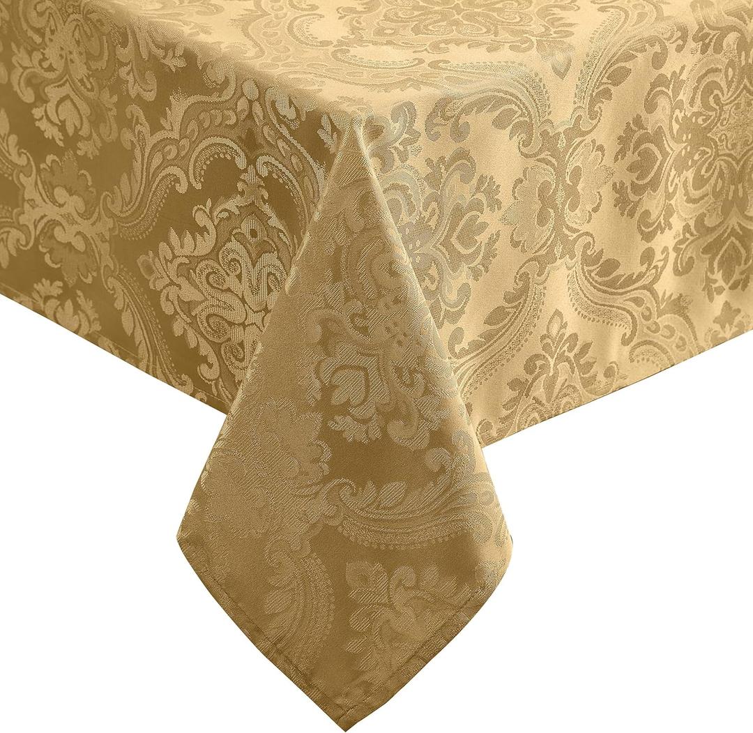Elrene Home Fashions Caiden Elegance Damask Waterproof, Stain & Wrinkle Resistant Fabric Tablecloth, 60" x 102" Oblong/Rectangle, Gold
