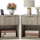 Night Stand Set of 2 with Charging Station, Mid Century Modern Wood Nightstand with Drawer, Bedside Table with Storage, Large Rustic Farmhouse Accent End Tables for Bedroom Office (Natural Gray-b)