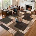 Modern Indoor Area Rug for Living Room, 8x10 Large Low Pile Geometric Patchwork Rug for Bedroom, Dining Room, Office, Hardwood Floors Home Decor, Non-Slip Faux Wool Machine Washable Area Rugs, Brown