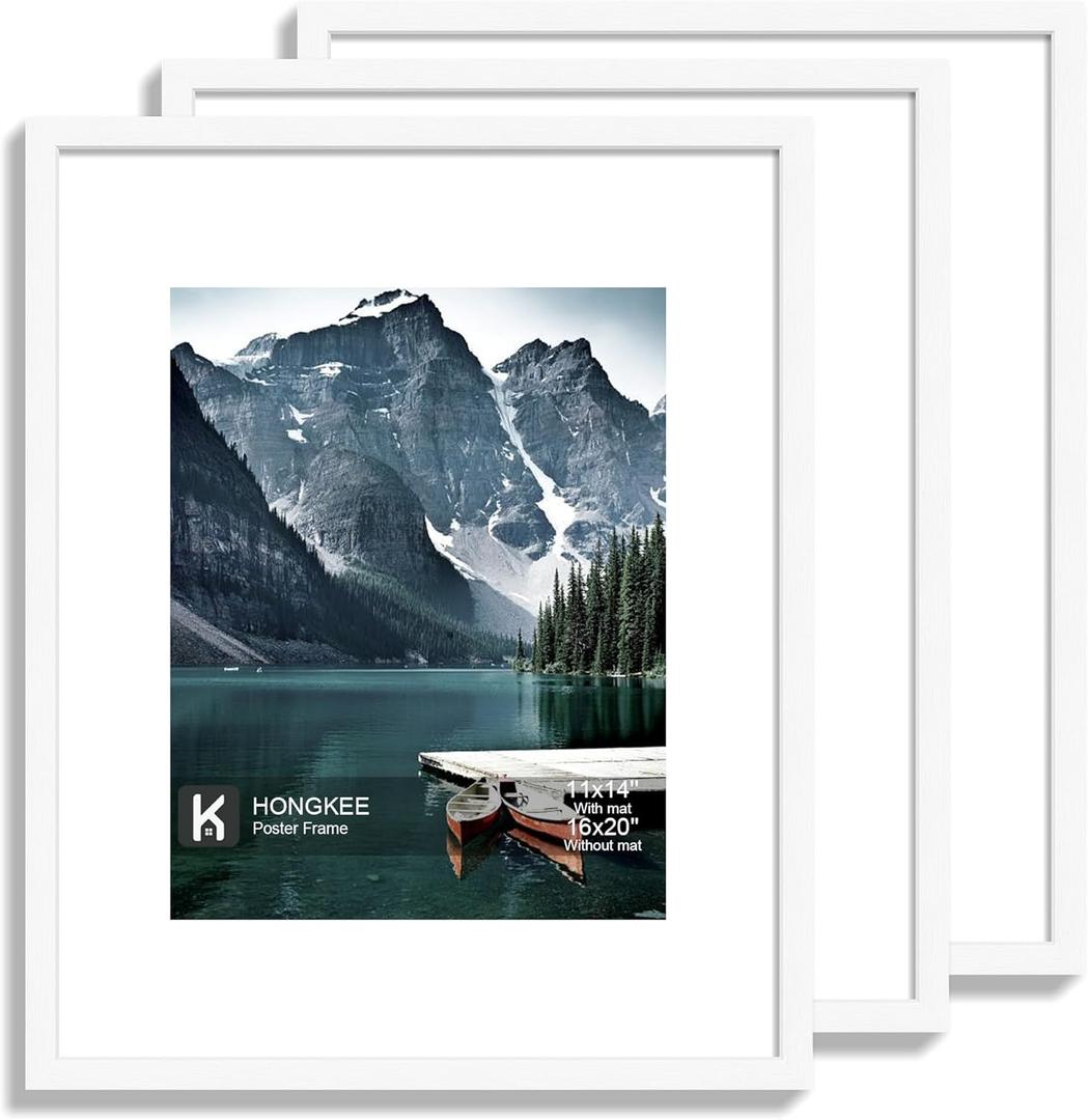 Hongkee 16x20 Frames Set of 3 - Display 11x14 Photo with Mat or 16 x 20 Poster without Mat, Wall Mounting Horizontal and Vertical, White