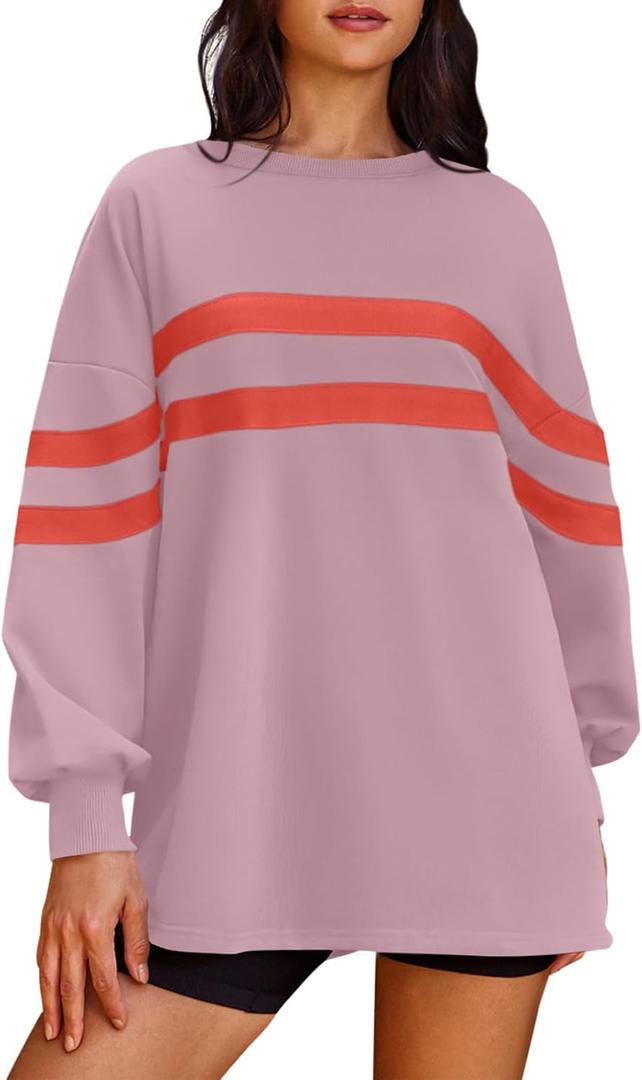 Panadila Womens Oversized Crewneck Sweatshirt Striped Pullover Long Sleeve Tunic Tops to Wear with Leggings (Pink, M)