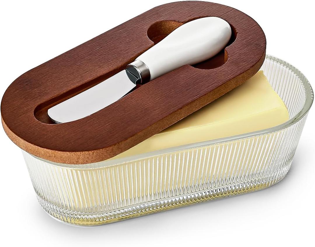 Butter Dish with Lid, Glass Butter Container for Countertop, Butter Keeper Holder with Wood Lid and Knife for East West Coast Butter Stick, Kitchen Counter Dcor (Dark and Stripe)
