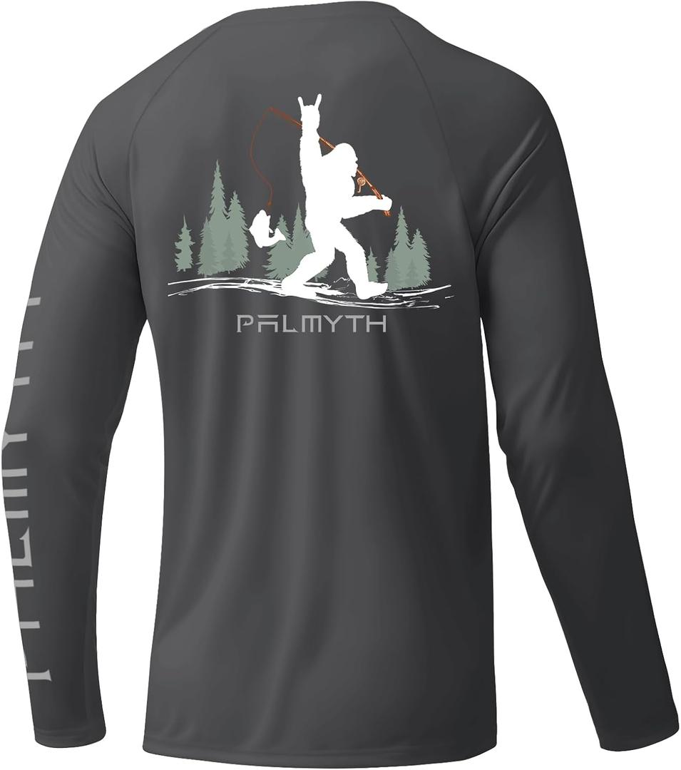 Palmyth Fishing Shirts for Men Long Sleeve UPF 50+ Sun Protection UV T Shirt Tee (Medium, Charcoal / Bigfoot Rock)