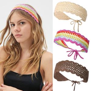 CHLINS Hairband, 3PCS Crochet Headband Women Floral Hairband - Elastic Handmade Crochet Head Wrap Bohemian knit Headband for Women and Girls(Rainbow, Beige, Dark Coffee)