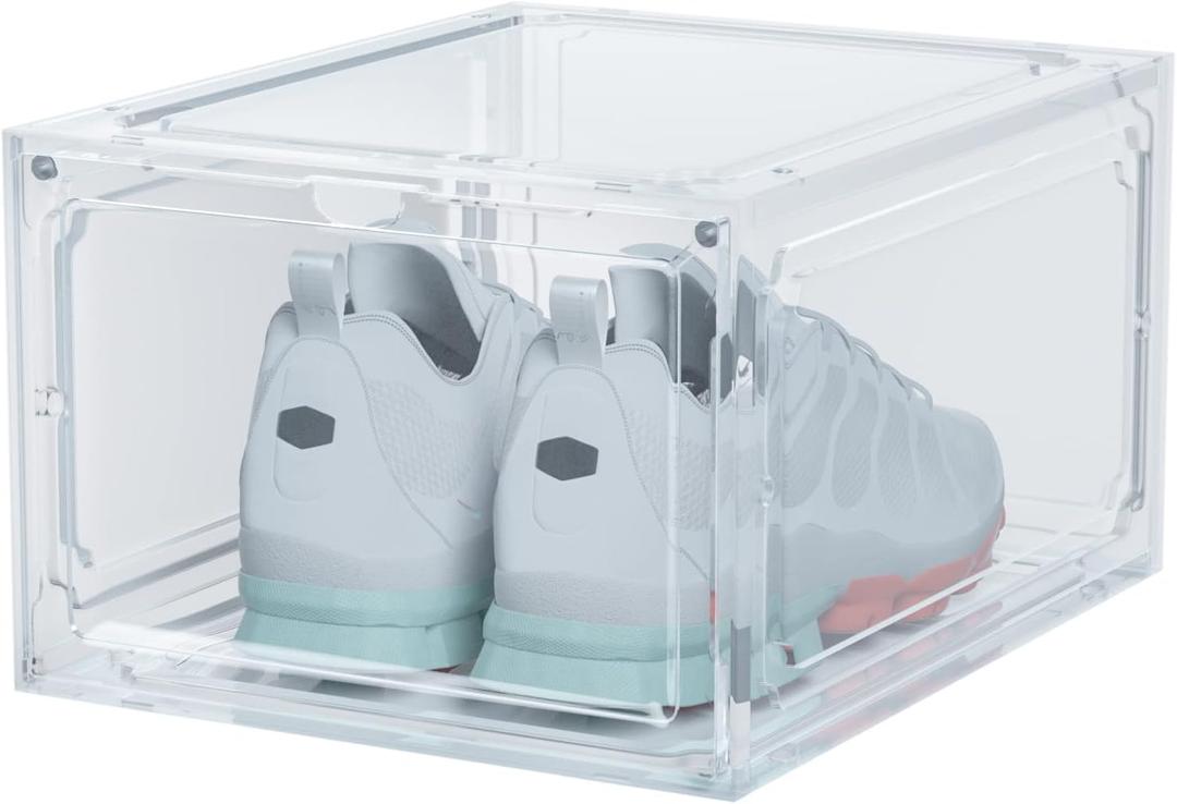 HIYOHIYO Size 14 Shoe Boxes Clear Plastic Stackable, Sneaker Containers Magnetic Shoes Storage Box Foldable Drop Front Organizer Shoes Cases for Home Display Bins 1 Pack (14.2"x 11"x 7.9")