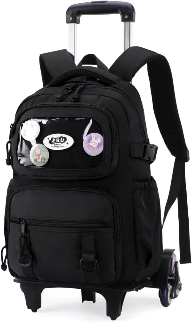 Girls Rolling Backpack Elementary School Bag with Wheels, Trolley Bags for Kids Roller Backpack for Girls Boys (Black-6 Wheels)