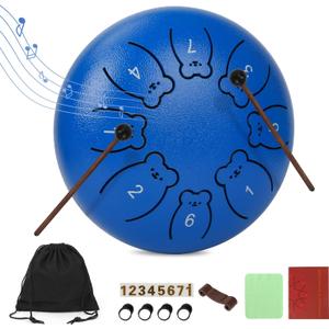 Bear Steel Tongue Drum for Kids, 6 Inch 8 Notes Rain Drum for Outside Garden, Steel Drum Instrument with Mallets, Music Book and Carry Bag, Music Gifts for Grandkids (Dark Blue)