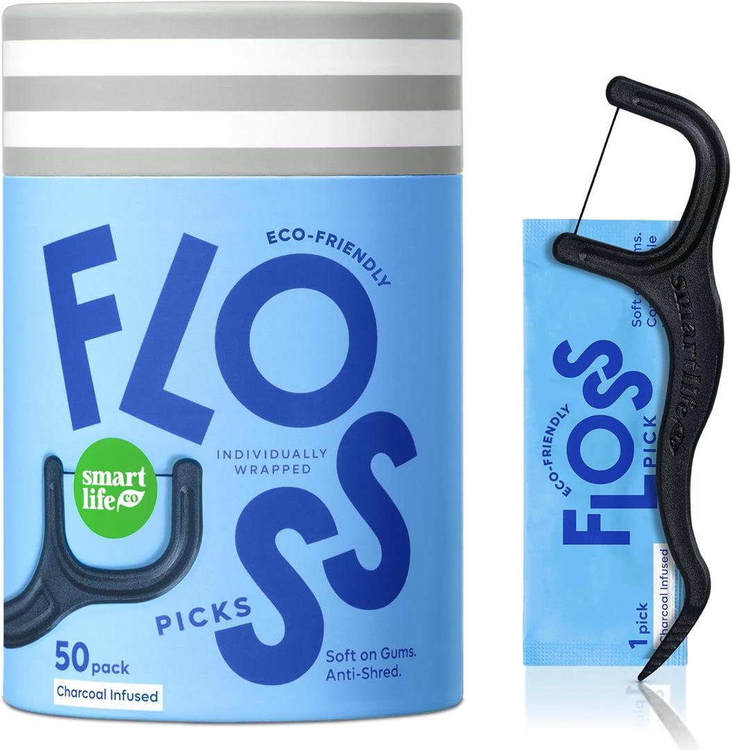 Individually Wrapped Dental Floss Picks (50ct) - Eco-Friendly Flosser Handle Made with Straw Wheat Blend | Great for Travel | PFA Free | Toothpick Stick End | Bamboo Charcoal Thread Whitens Teeth