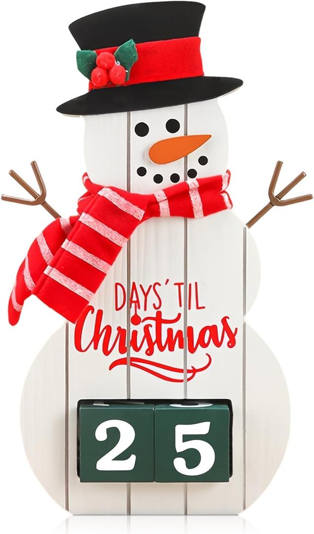 Christmas Decorations Countdown Calendar Desktop Wooden Decoration, Wood Advent Table Decor with Square Number Tabletop Decoration, Santa Claus Countdown Calendar for Home Office Decoration (Snowman)