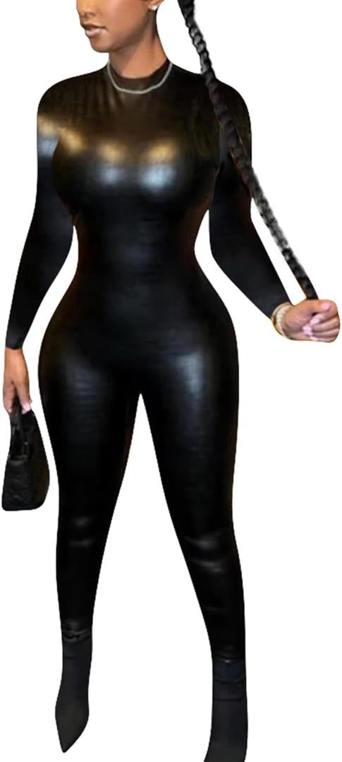 ksotutm Long Sleeve Jumpsuit for Women Sexy Leather Bodycon One Piece Black Jumpsuit Party Club Jumpsuits (X-Large, A2-black)