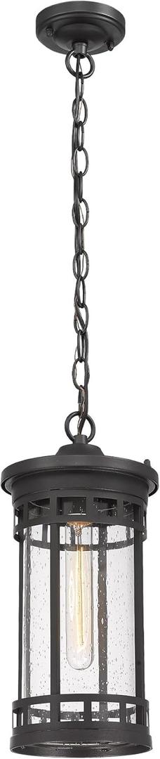 ALLGOT Outdoor Pendant Light Fixtures, Exterior Hanging Lantern Porch Light, Black Hanging Lamp Farmhouse Exterior Chandelier Ceiling Mount for Porch, Patio, or Entryway (Black, 13.2 Inch Height) (Black-Seeded Glass)