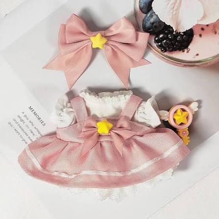 EAVAN Clothes for Labubu – Magical Girl Outfit for 17cm La bubu Dolls, Layered Pink & White Satin Dress with Star Bow, Large Ribbon Headpiece & Magic Wand Accessory – Doll Not Included