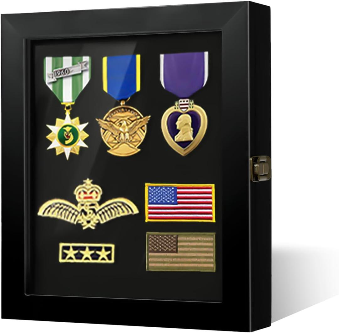 Pin Display Case 8 x 10 Solid Wood Lapel Pin Collection Display with 98% UV Protection HD Tempered Glass Door for Military Medal Badge Velcro Patch Board