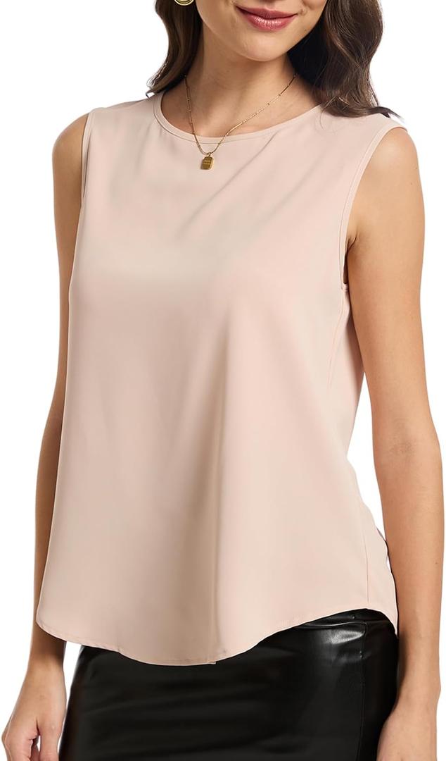 Womens Chiffon Tank Tops Crewneck Sleeveless Top | Lightweight and Soft Summer Top, Business Casual Top, Sleeveless Blouse (Pink, L)