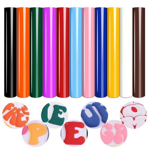Tintnut Puff Vinyl Heat Transfer, 11 Sheets, 12 "x 10", 3D Foaming Puff Colorful HTV Iron on Vinyl for T-Shirts DIY Compatible with Cricut or Silhoutte Cameo