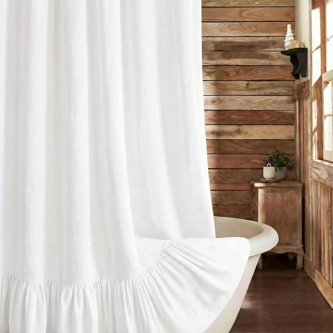Farmhouse Shower Curtain with Ruffle Hem Linen White Shower Curtains for Bathroom Country Vintage Rustic Natural Fabric, White, 72"W x 78"L