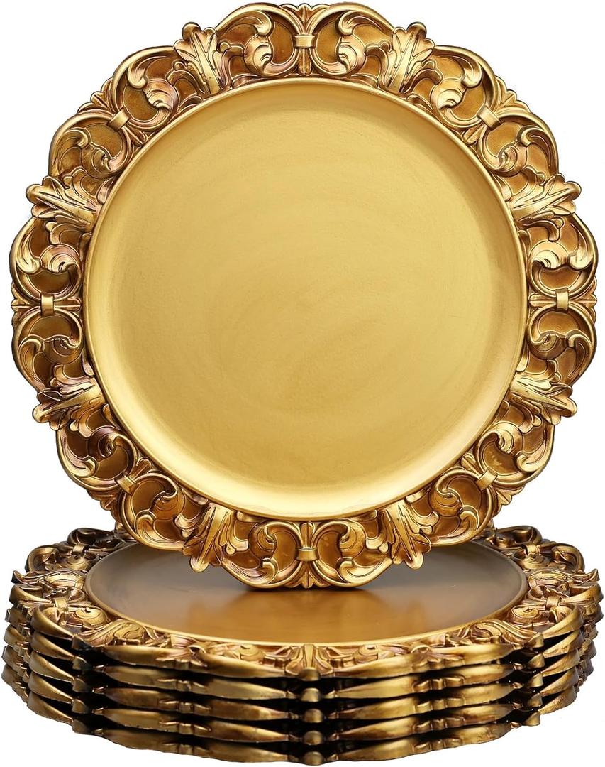 13" Antique Gold Charger Plates, Set of 6 Plastic Textured Chargers for Dinner Plates with Embossed Rim, Table Dcor, Party, Wedding, Holiday (FD01G)