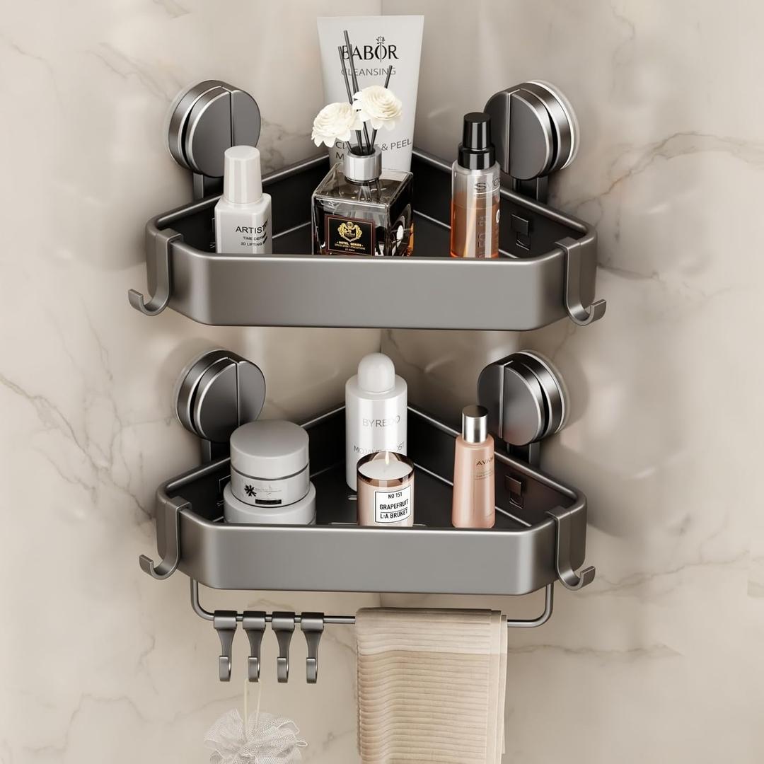 Suction Cup Shower Caddy Corner, 2 Pack Suction Corner Shower Shelves No Drilling, Rustproof Shower Organizer Suction Cup with Towel Holder & Hooks Removable Bathroom Storage Rack (Gray)