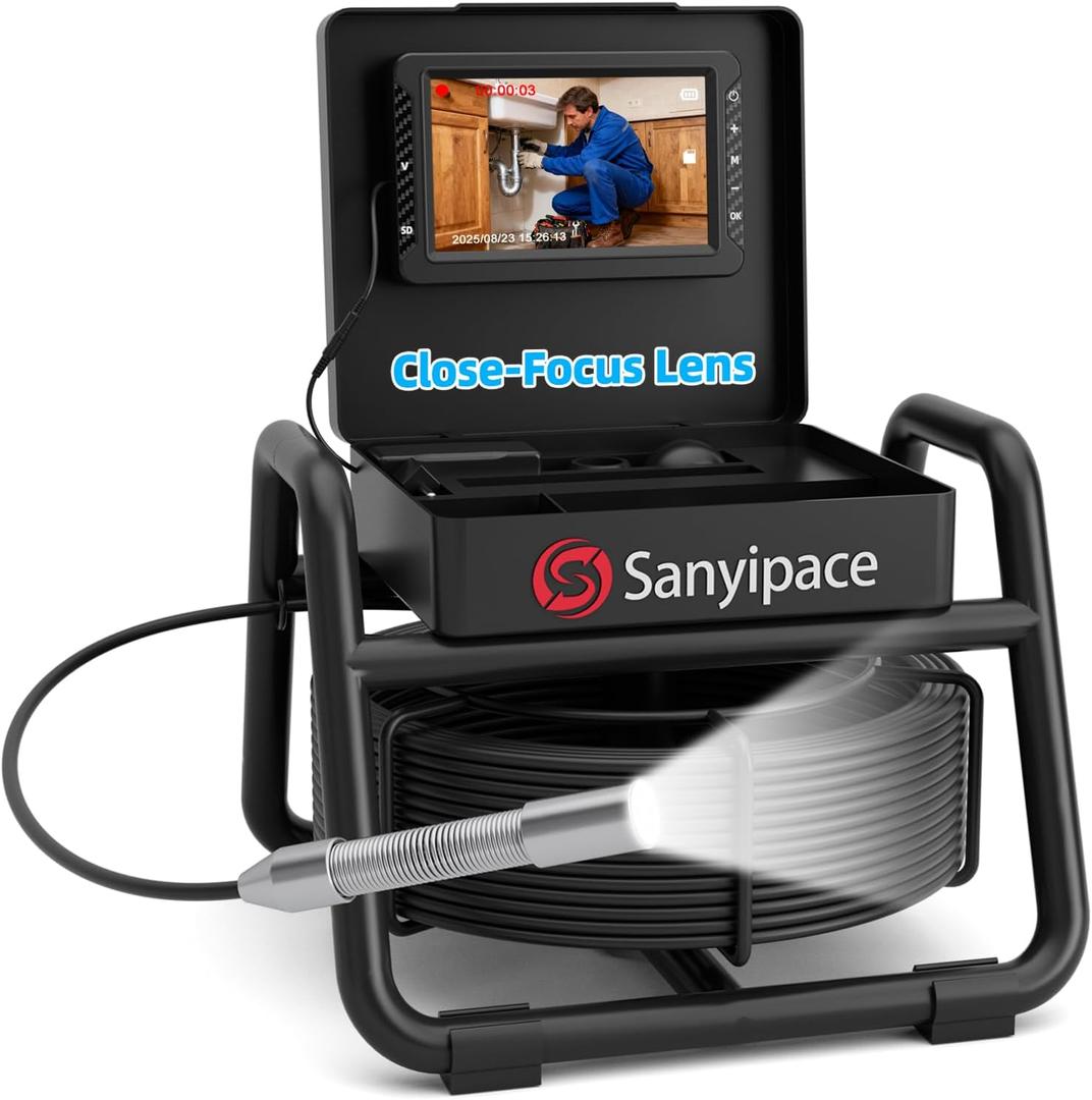 Sanyipace Sewer Camera, 5" IPS HD Pipe Inspection Camera,Built-in 32GB DVR with Microphone and Speaker, 8 LED Lights,IP68 Waterproof Drain Camer for Sewer Line, Home, Duct Drain Pipe Plumbing