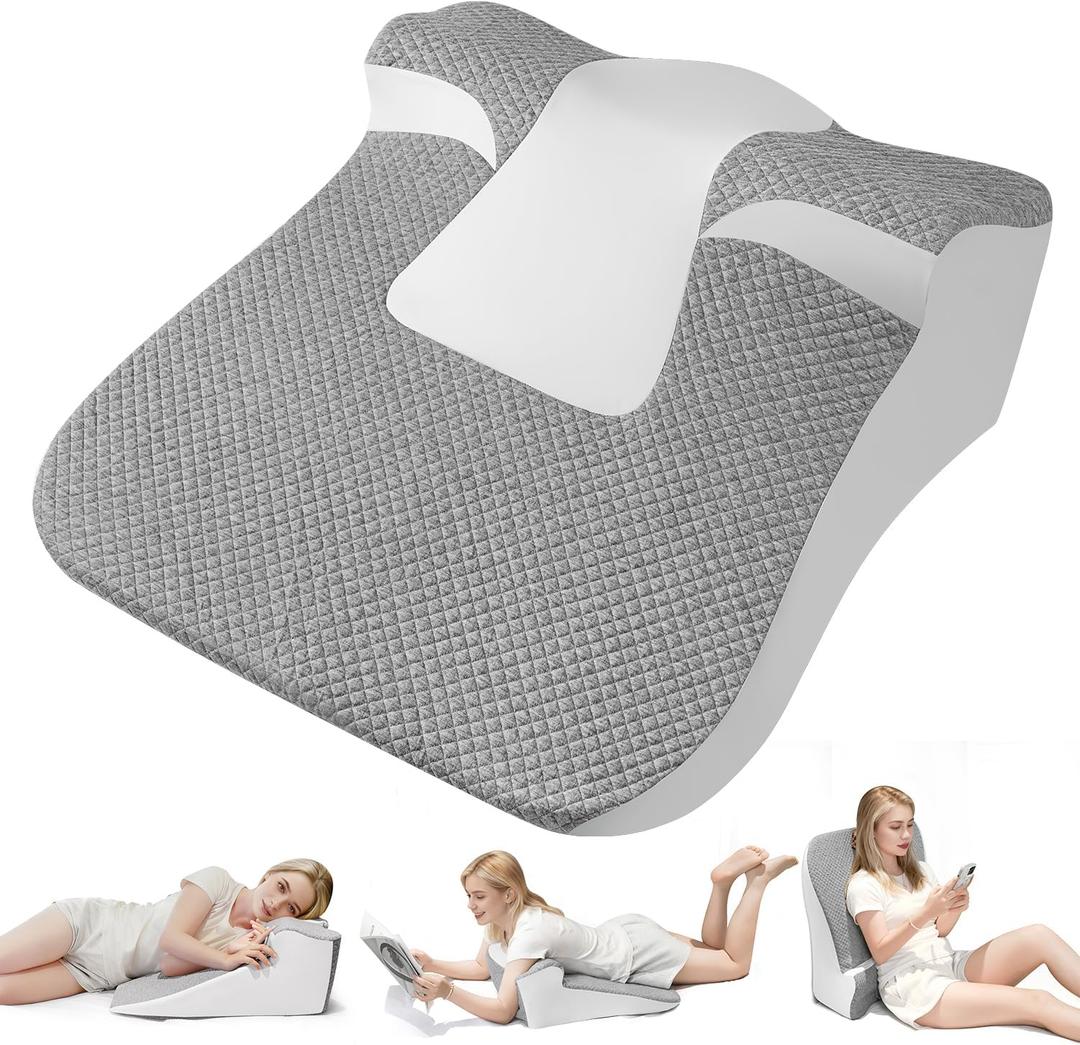 Bed Snorinator Pillow, Ergonomic Wedge Pillow for Sleep Apnea Memory Foam Reading Pillow for Back, Neck & Head Comfortable Support-Grey