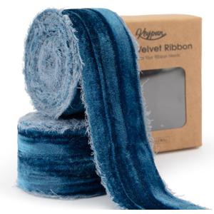 Blue Velvet Ribbon 1-1/2 Inch x 6 Yd Crinkled Handmade Frayed Vintage Ribbons for Christmas Gift Wrapping Tree Home Decor Wreath Craft Ornaments