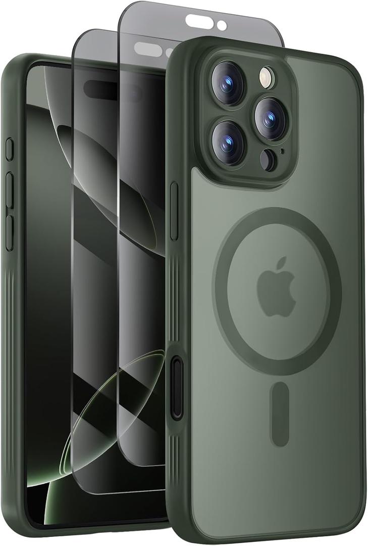 Designed for iPhone 16 Pro Max Case, Compatible with MagSafe, with Privacy Screen Protectors X2, [Camera Protection] [15FT Military Drop Protection] Shockproof Phone Case, 2024, Alpine Green