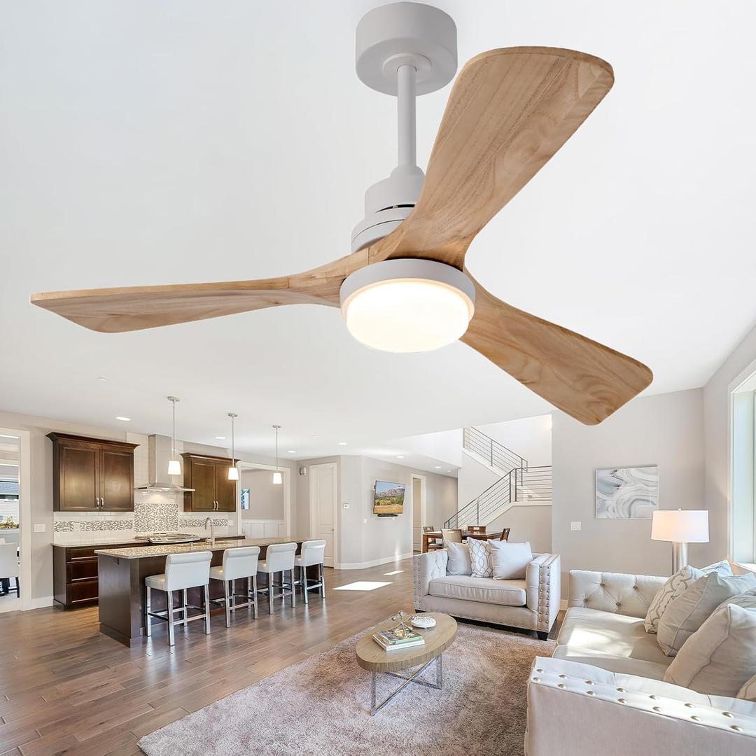 42 Inch Natural Wood Ceiling Fan with Lights and Remote, 3-Blade Outdoor/Indoor Fan for Patio and Living Room, Noiseless Reversible DC Motor, Modern Farmhouse Style