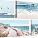 Coastal Beach Canvas Wall Art: Beach Chairs & Seagulls Flying Picture Painting Print for Wall Decor(12''x12''x2pcs+24''x12''x2pcs)