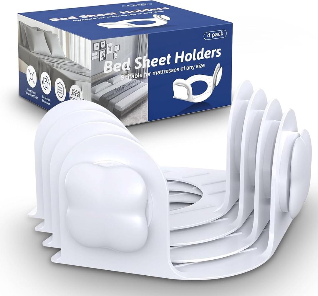 Bed Sheet Holders for Corners: Fitted Bed Sheet Grippers with Twist-Lock Clips Keep Sheets Tight Heavy-Duty Grip Quick All Mattresses Easy Installation 4 Pack White