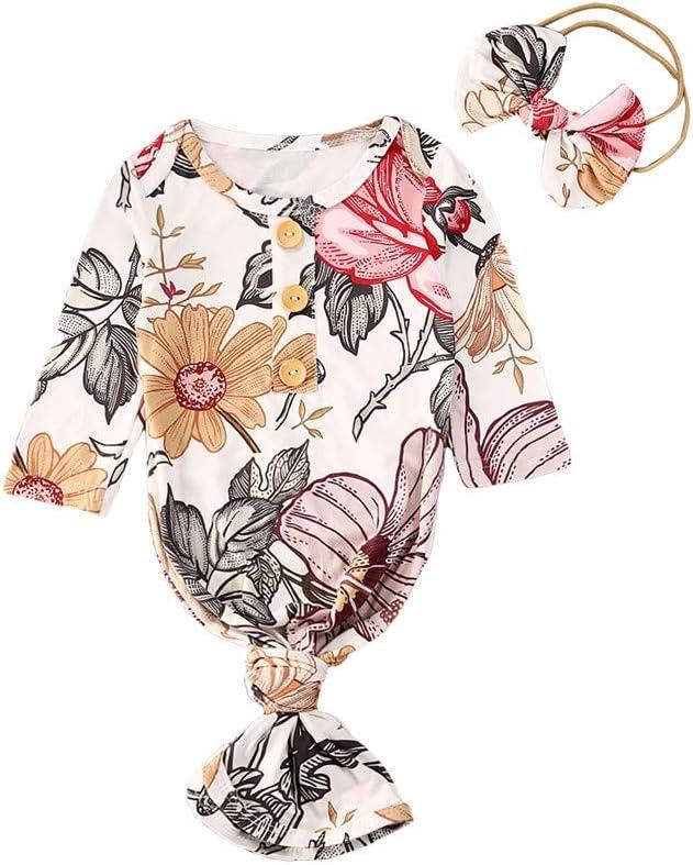 Infant Newborn Baby Girls Floral Sleep Gown Headband Sleepwear Romper Sleeping Bags Outfits (0-3 Months)