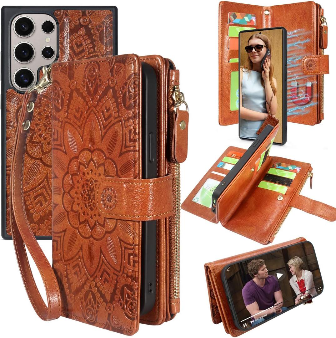 Harryshell Detachable Magnetic Zipper Wallet Leather Case with Cash Coin Pocket 12 Card Slots Holder Wrist Strap Lanyard for Samsung Galaxy S24 Ultra 5G 6.8 inch (2024) (Flower Brown)