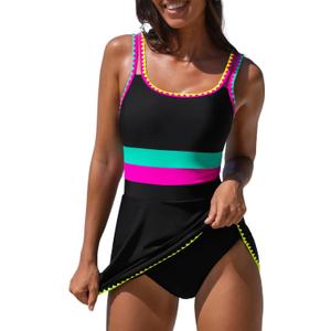 popvil Women One Piece Swimsuit 2026 Tummy Control Bathing Suit Neon Modest Swim Dress with Skirt Full Coverage, Medium