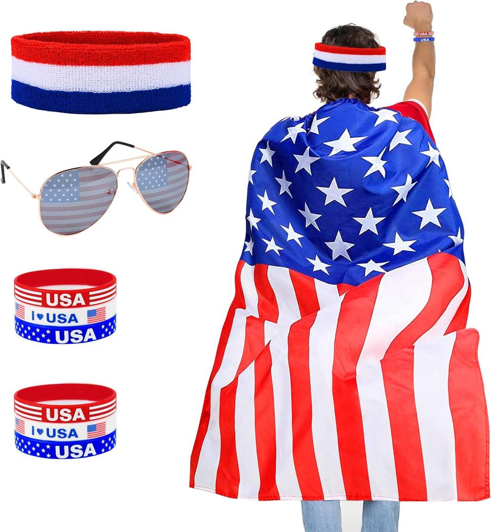 American Flag Costume Cape,Retro 80's Patriotic Flag Outfits Sunglasses Headband Bracelets for 4th of July Independence Day Memorial Day Celebration Party Accessories for Men Women