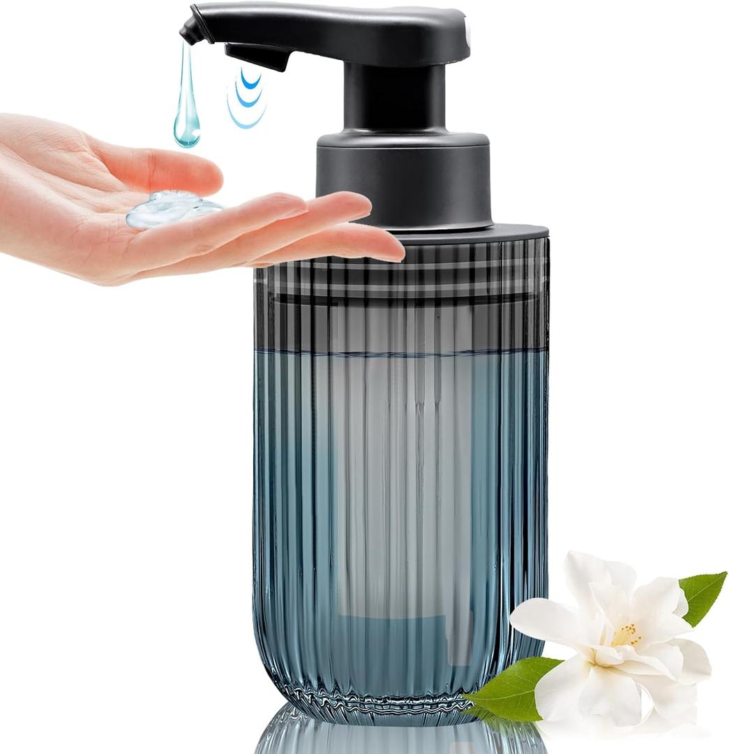 Automatic Touchless Glass Soap Dispenser, Rechargeable Hands Free Ribbed Liquid Soap Dispenser with Chrome-Finished Electric Sensor Pump, Refillable Bottle for Bathroom Kitchen Countertop Gray