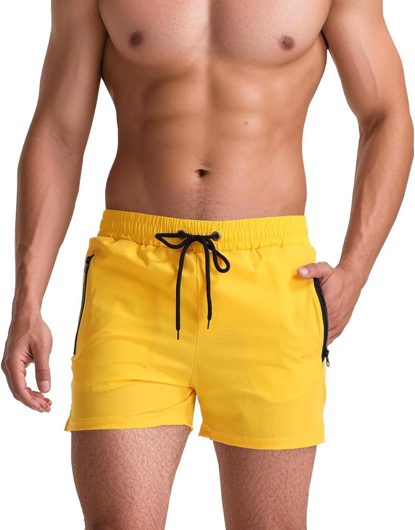 Mens Swim Trunks Quick Dry Swimming Shorts with Zip Pockets Men's Bathing Suits 5 Inch Inseam Elastic Mesh Lining Fit (Yellow, XS)