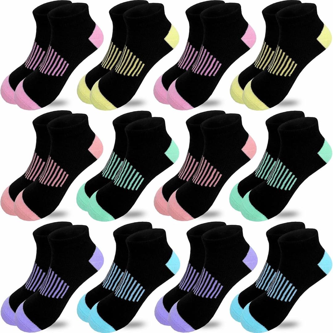JAMEGIO 12 Pairs Girls Ankle Socks - Running, Athletic, Low Cut Socks for Little to Big Girls (5-7 Years, 12 Pairs Black(6 Colors))