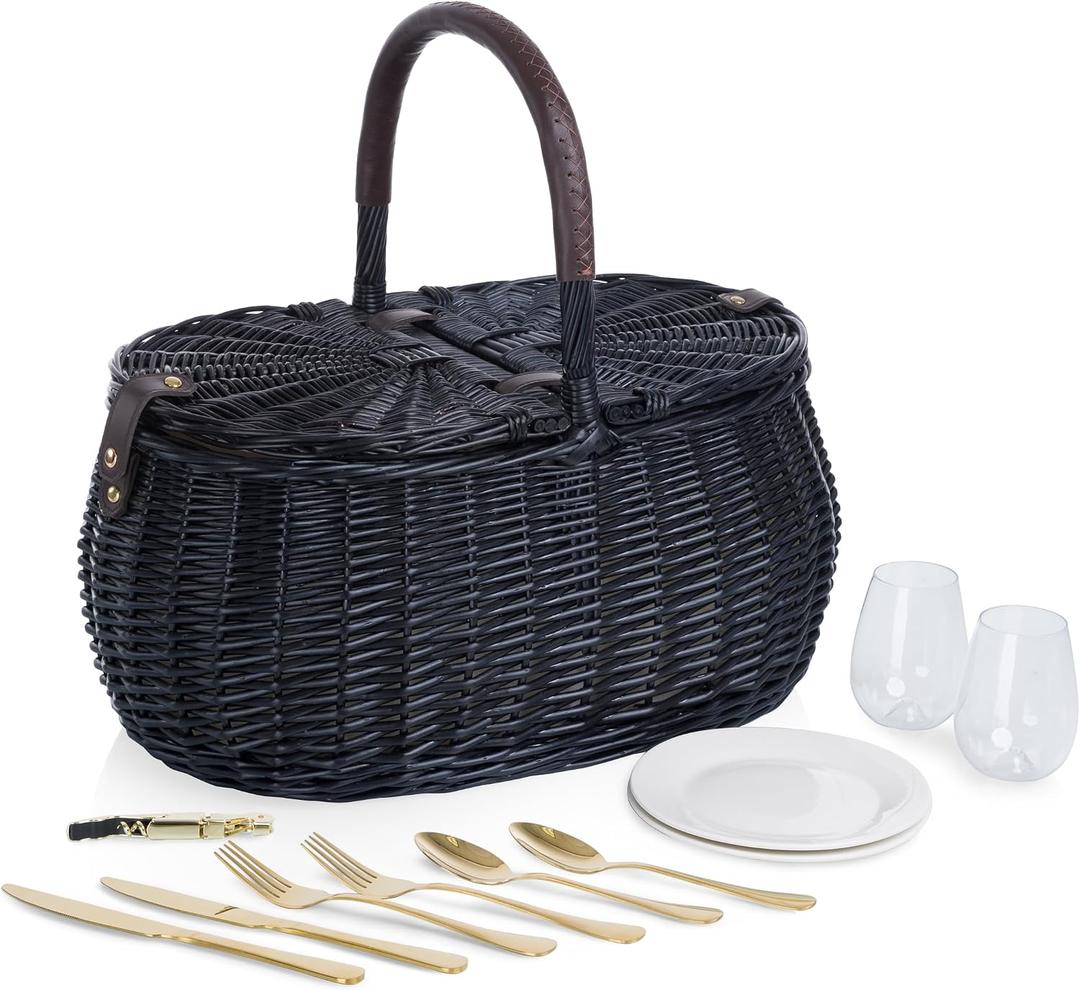 PICNIC TIME Evening Picnic Basket with Service for Two, Handwoven Sustainable Black Wicker Basket with Split-lid Design and Vegan Leather Details, Components Tucked In Lid for Bigger Space (Black)