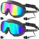 COOLOO Swim Goggles 2 Pack, Wide View No Leaking Swimming Goggles, Anti-fog & Anti-UV Adult Swim Goggles for Men Women Youth (1-black/Rainbow Mirrored Lens)