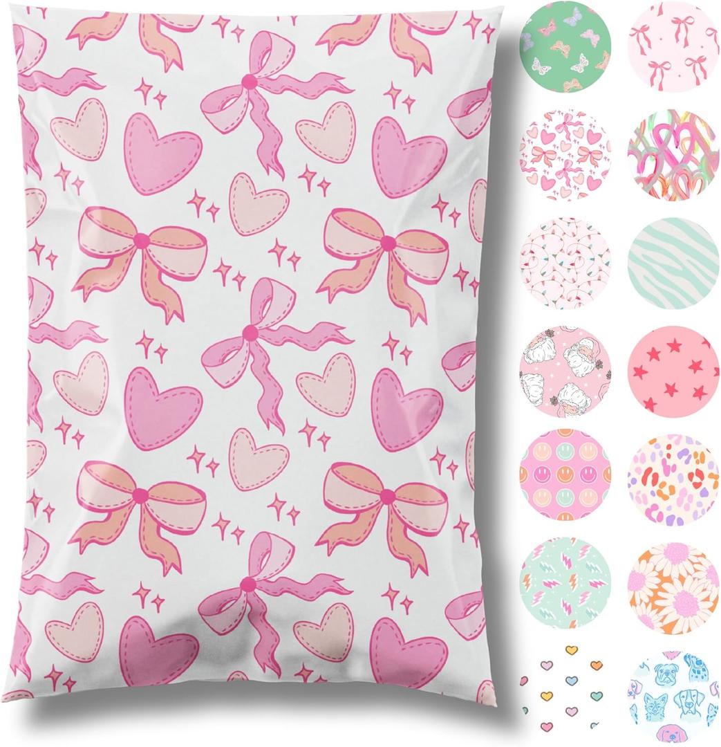 Pretty Package Store 10x13 Designer Poly Mailer 100 Pack Heavy Duty Waterproof Self Seal Shipping Bags for Small Business Large Mailing Envelopes Bulk Tear Resistant Packaging Pink Bows Coquette