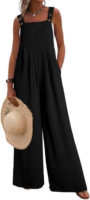 Dokotoo Women's Casual Loose Overalls Jumpsuits One Piece Sleeveless Wide Leg Long Pant Rompers With Pockets (Medium, Black)