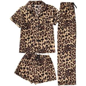 BEAUDRM Women's 3 Piece Leopard Pajama Set Cheetah Short Sleeve Button Down Shirts and Shorts Pants Set Size M