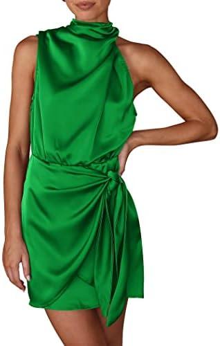 PRETTYGARDEN Women's Short Formal Satin Dress Summer Sleeveless Mock Neck Tie Waist Cocktail Party Dresses Size S, Army Green