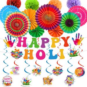Holi Decorations Include Happy Holi Banners Hanging Swirls Paper Fans Honeycomb Flower Balls Holi Festival Theme Party Supplies for Home
