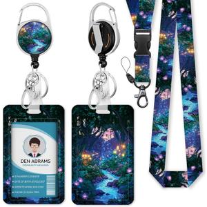 Piefly Lanyards for Id Badges, Fireflies Forest Badge Holder with Retractable Reel Belt Clip, Purple Work Name Tag Lanyard Vertical ID Card Protector Case for Women Nurse Doctor Teacher Student