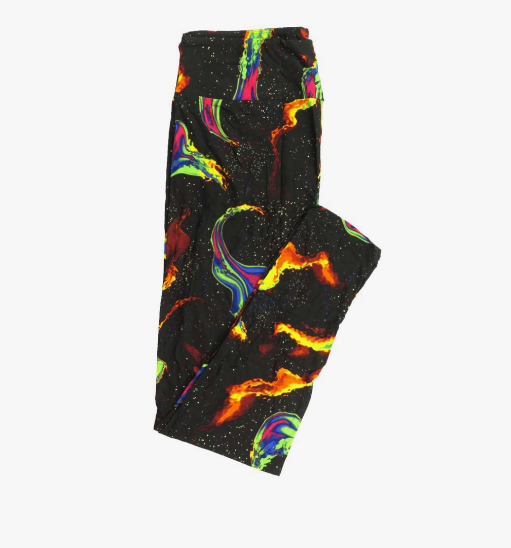 Lularoe Tall Curvy (TC fits Sizes 12-18) Space Flaming Nebula Stars Black Yellow Purple Red Buttery Soft Adult Leggings
