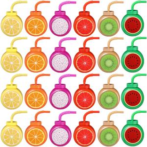 Mifoci 24 Set Summer Fruit Cups with Straws Lids 10oz Plastic Frutti Party Cups Tropical Kiwi Lemon Orange Grapefruit Watermelon Pitaya Pattern for Boys Girls Birthday Luau Party Favor Supplies